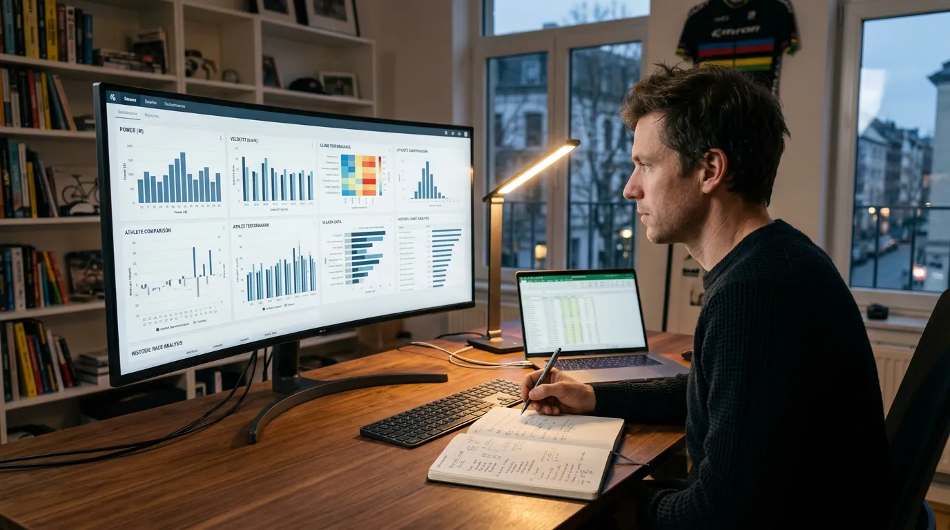 Persona analizando estadísticas y datos de ciclismo en pantalla para evaluar cuotas de apuestas